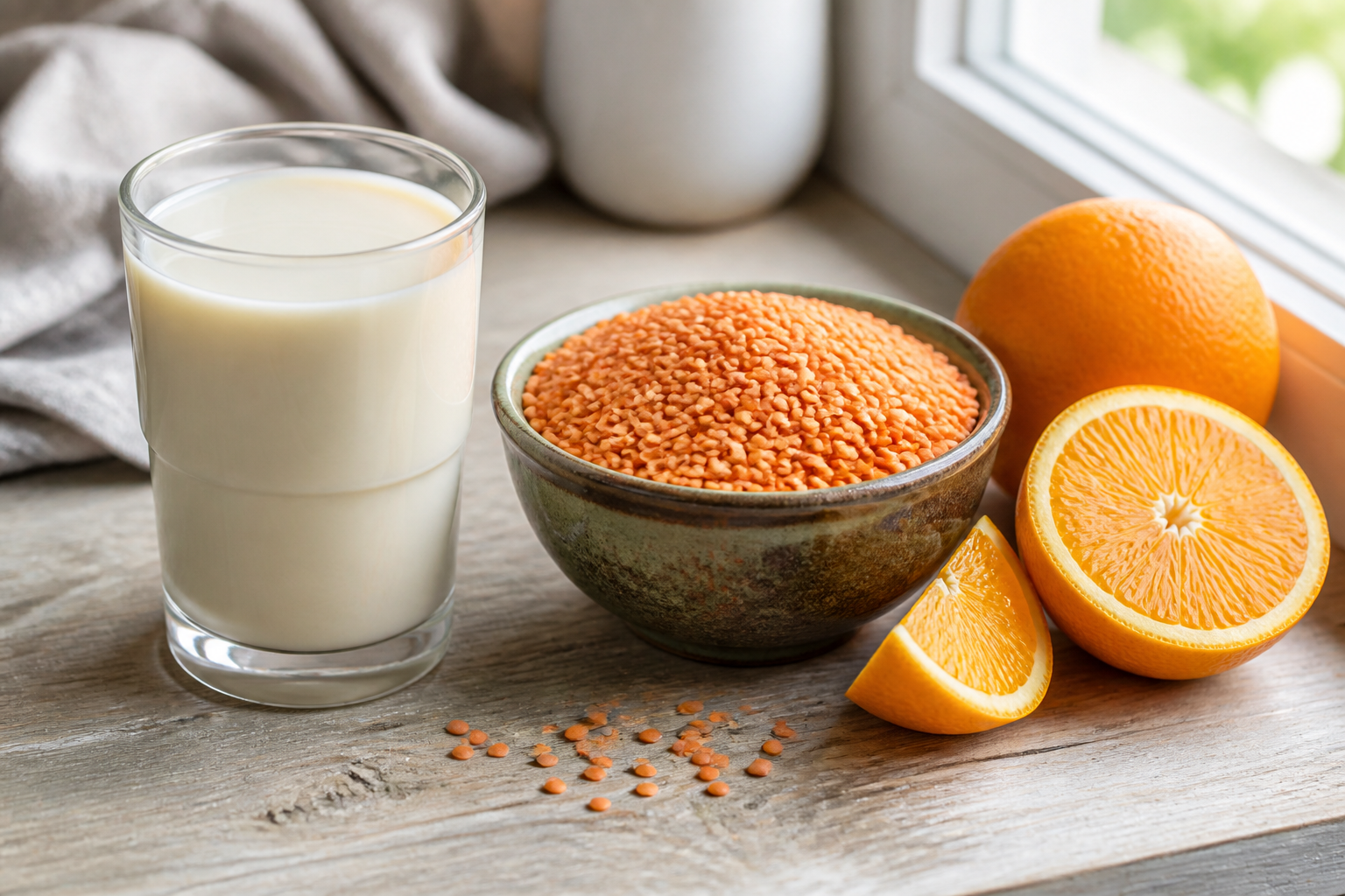 A clean, minimalist composition featuring a glass of fortified soy milk next to a rustic bowl of dried red lentils and fresh oranges.