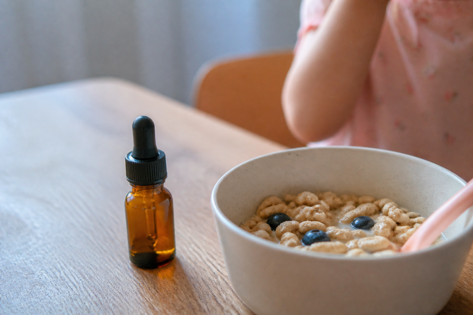 A close-up shot of a small liquid vitamin B12 supplement bottle with a dropper, placed next to a bowl of morning fortified cereal, soft morning light.