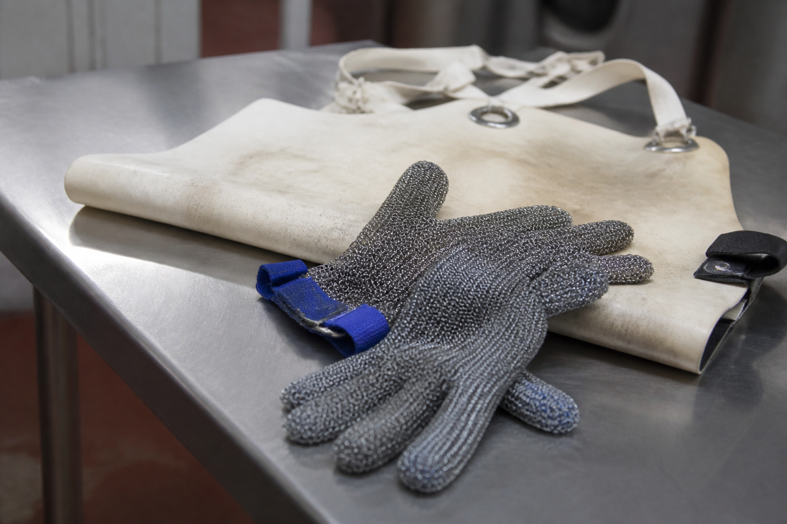 A close-up shot of protective industrial equipment, including chainmail gloves and a heavy-duty apron, resting on a clean metal surface.