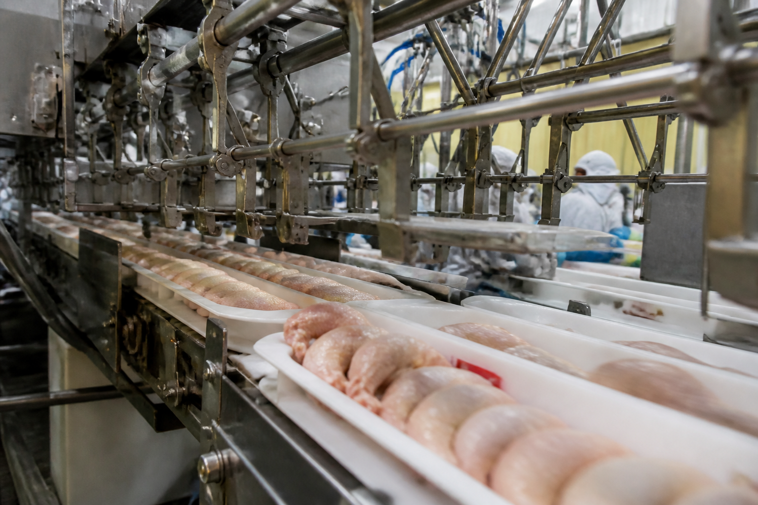 A detailed view of a high-speed conveyor belt system in a food production facility, emphasizing the complex machinery and rapid movement.