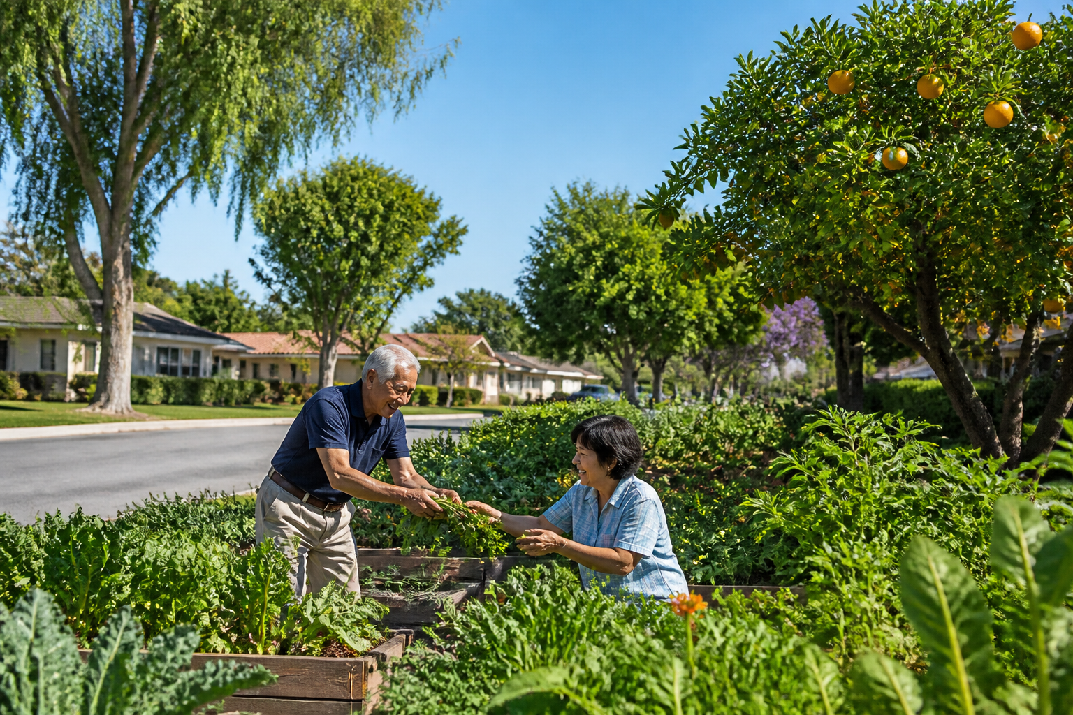 A peaceful sunny street in Loma Linda, California, featuring lush home gardens with vegetables and fruit trees, clear blue sky, sharp focus.