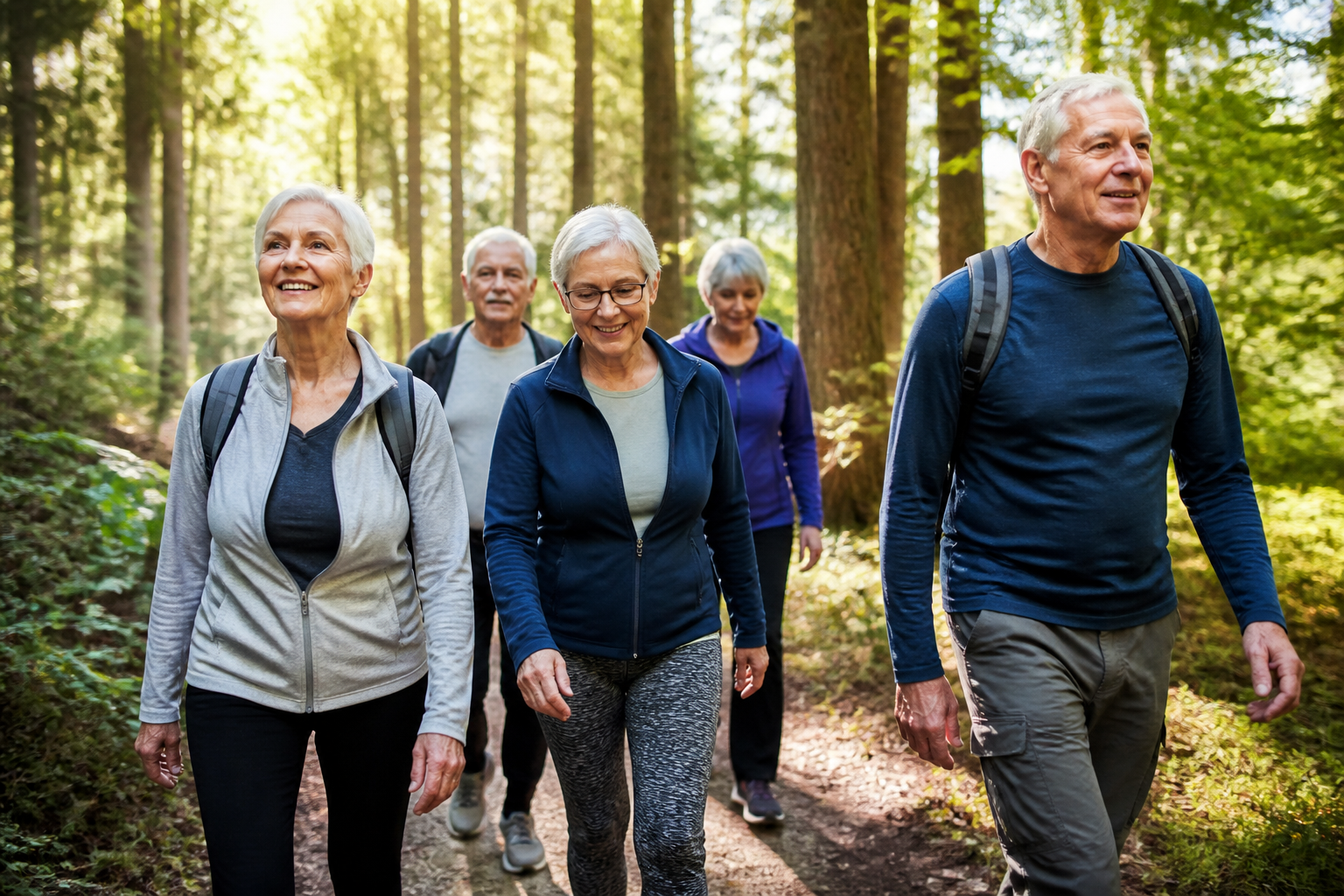 A group of active elderly adults walking together on a sun-dappled forest trail, wearing athletic gear, outdoor natural lighting, cinematic composition.
