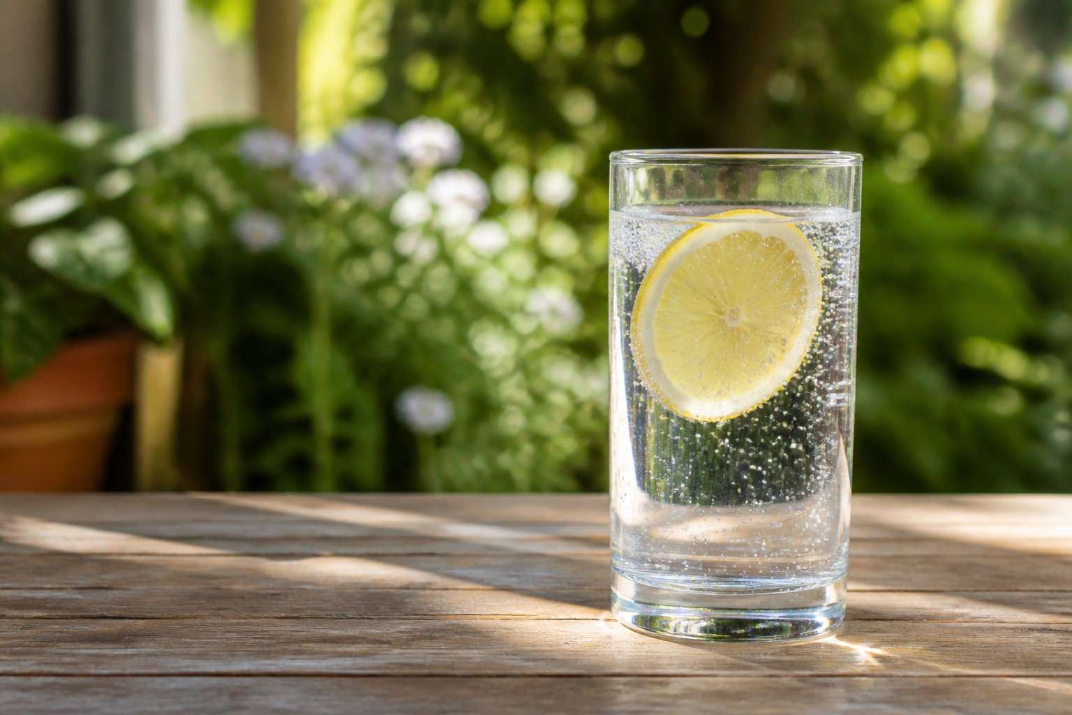 A clear glass of sparkling water with a fresh lemon slice, resting on a wooden surface with a soft blurred garden background, morning sunlight.