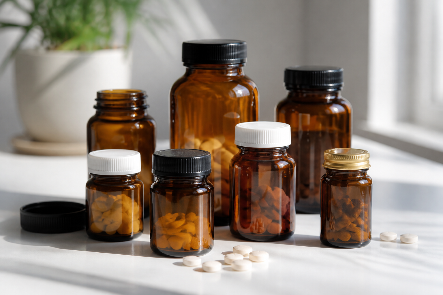 A collection of amber glass supplement bottles containing vitamin B12 tablets, arranged on a clean white surface with soft morning light.
