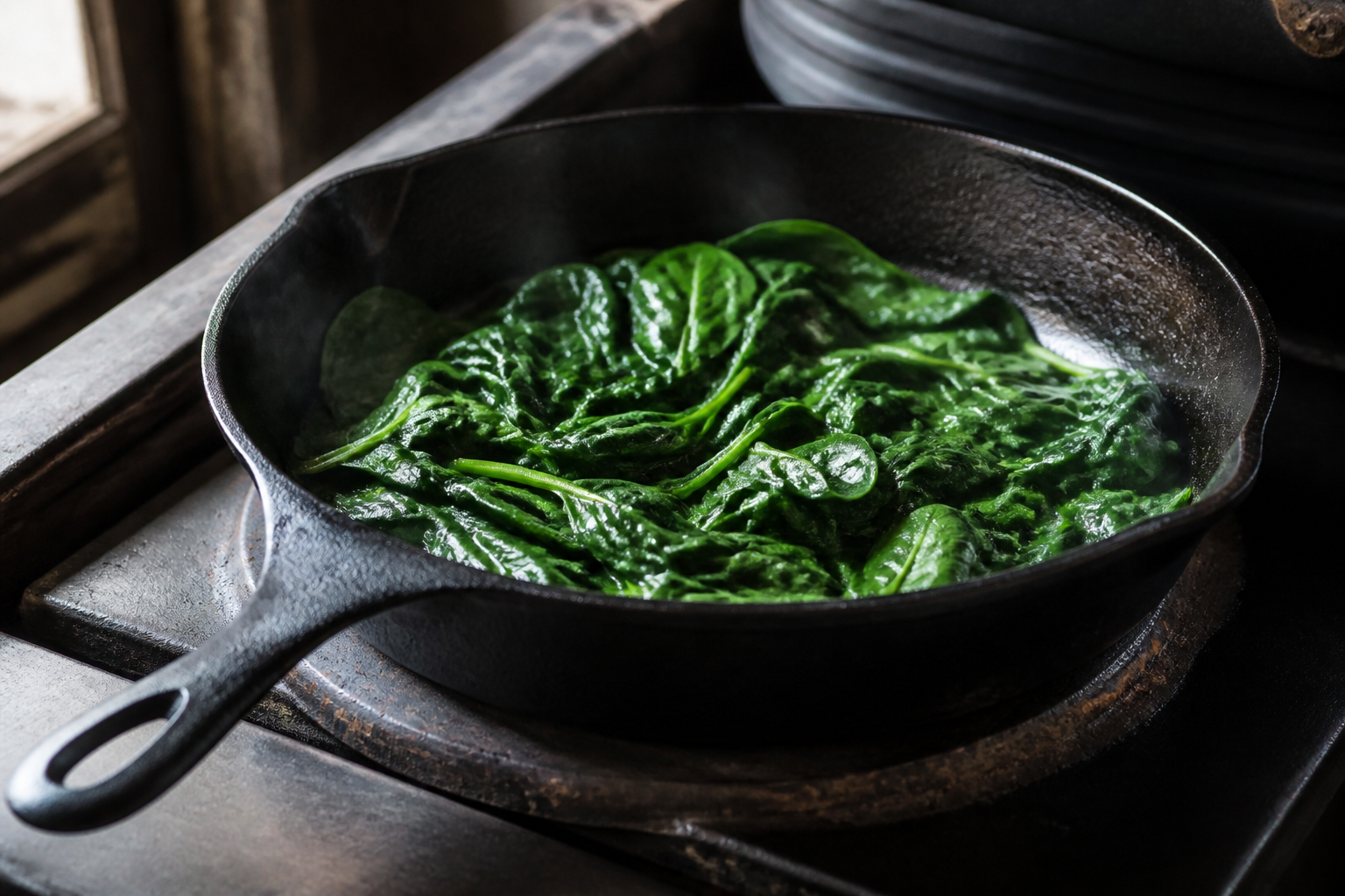 A side-view documentary photo of a seasoned cast iron skillet on a rustic stove filled with wilting dark green spinach leaves.