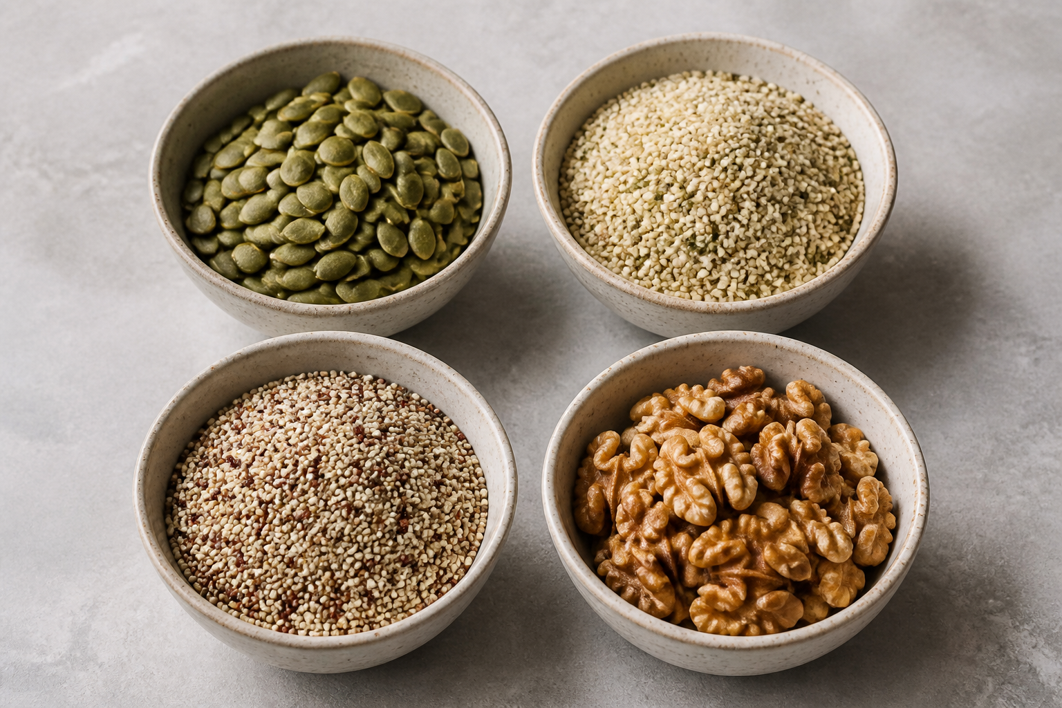 Symmetry shot of small bowls containing pumpkin seeds, hemp seeds, quinoa, and walnuts on a neutral stone background.
