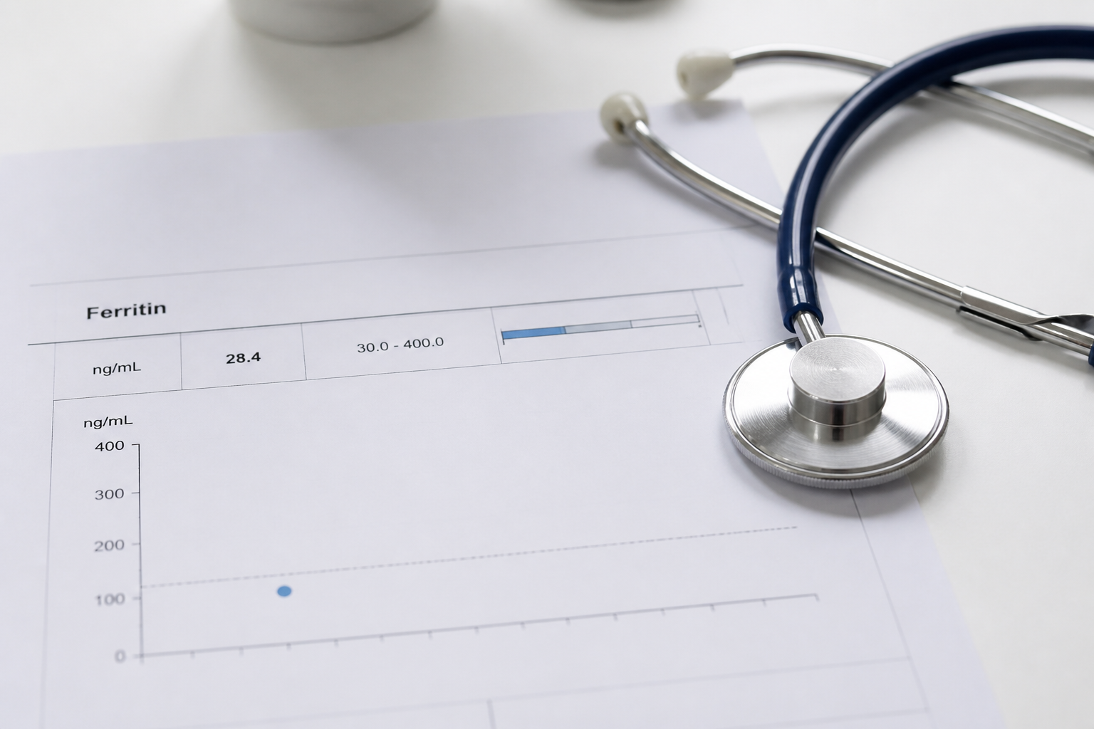A medical report showing ferritin levels next to a stethoscope on a clean white doctor's desk, professional studio lighting.