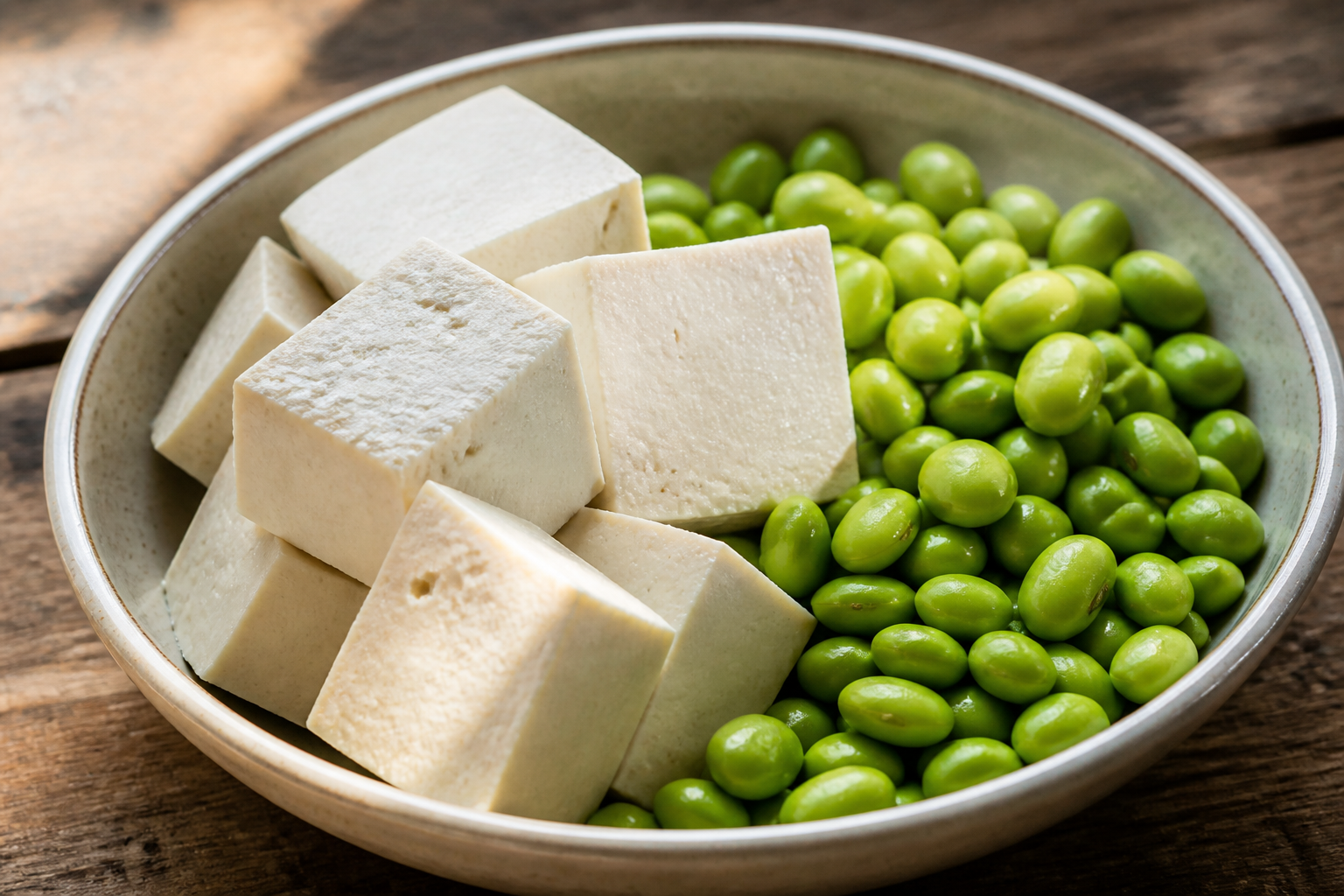 Close-up of fresh blocks of firm tofu and bright green edamame beans in a ceramic bowl, soft natural morning light.