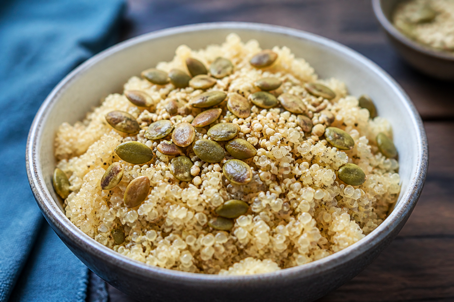 A steaming bowl of cooked white quinoa topped with toasted pumpkin seeds and hemp hearts, shallow depth of field, vibrant colors.
