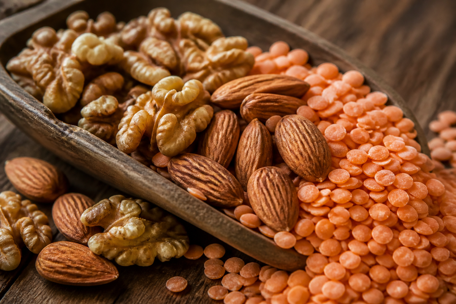 A rustic wooden scoop overflowing with walnuts, almonds, and red split lentils, high-contrast lighting, macro texture detail.