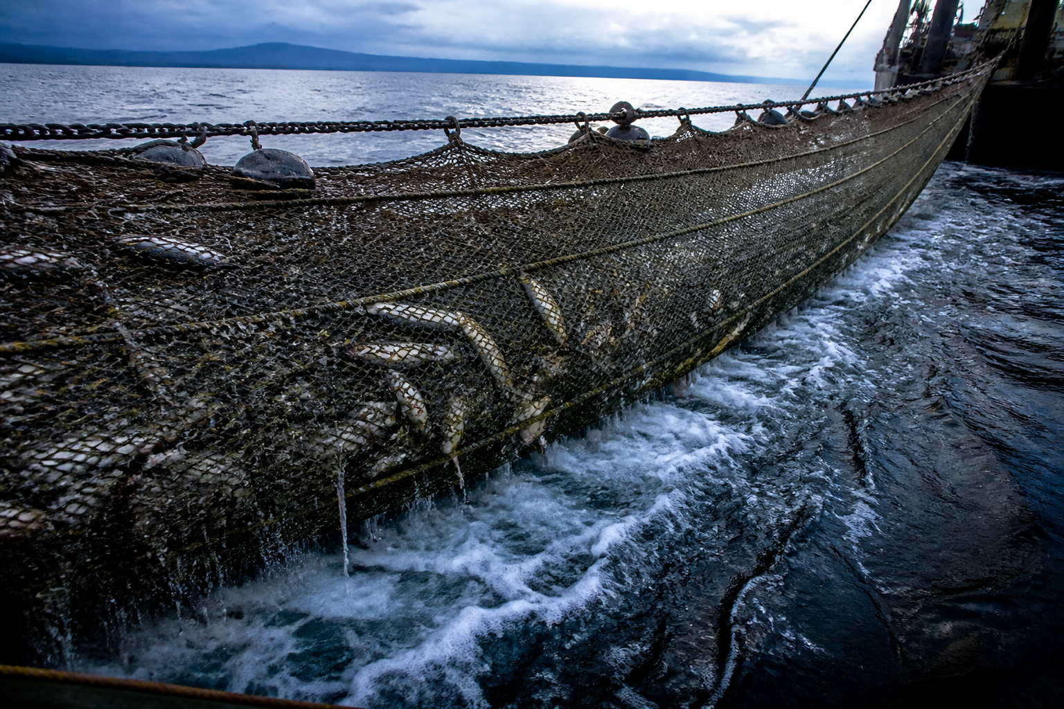 A massive industrial bottom trawling net being pulled through the ocean, capturing debris and fish, wide angle, powerful motion.