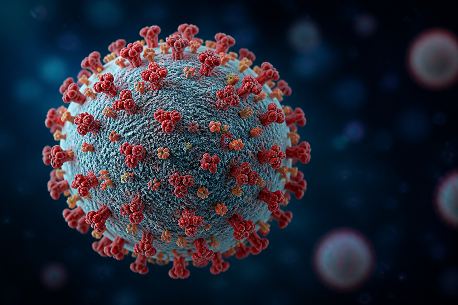 A high-resolution 3D microscopic visualization of the H5N1 influenza virus showing its protein spikes on a dark blue background.