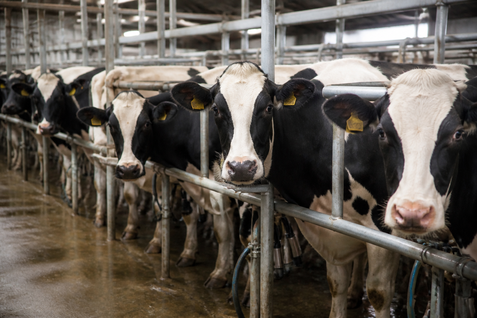 A medium shot of dairy cows standing close together in a modern industrial milking facility with metal railings and concrete floors.