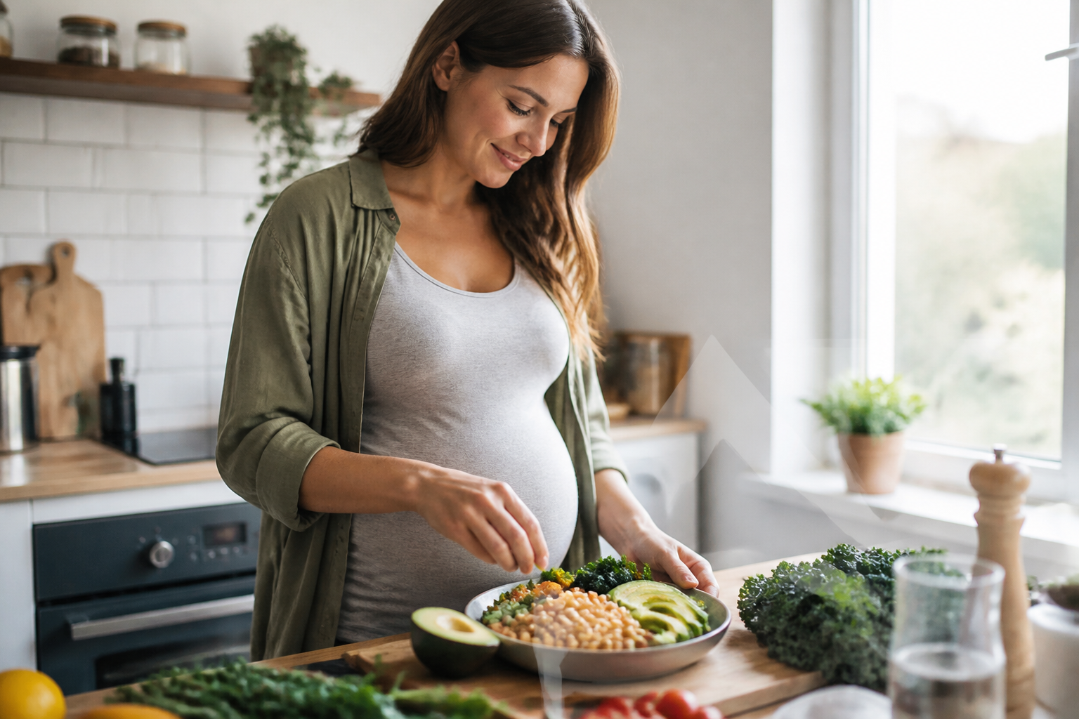 A natural light photograph of a happy pregnant woman in a bright kitchen preparing a colorful bowl with chickpeas, kale, and avocado.