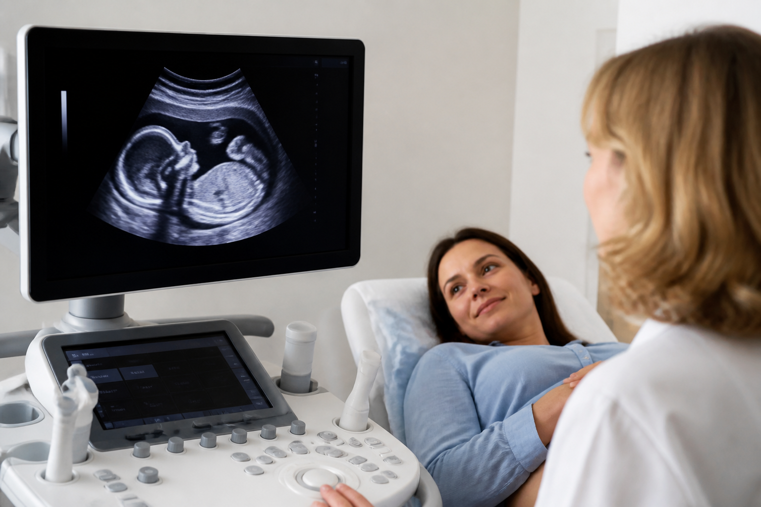 A professional medical setting showing a clean ultrasound screen displaying a healthy fetus, emphasizing modern prenatal care and health.