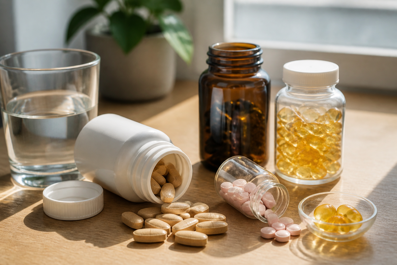 A close-up of prenatal vitamins, B12 capsules, and an omega-3 algae oil bottle on a clean wooden surface, soft morning light.
