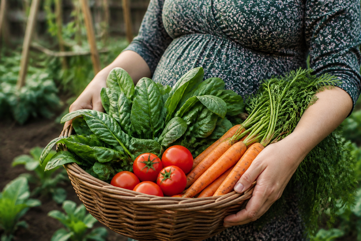 A close-up of a pregnant woman's hands holding a basket of fresh green spinach, bright red tomatoes, and carrots, rustic garden setting.