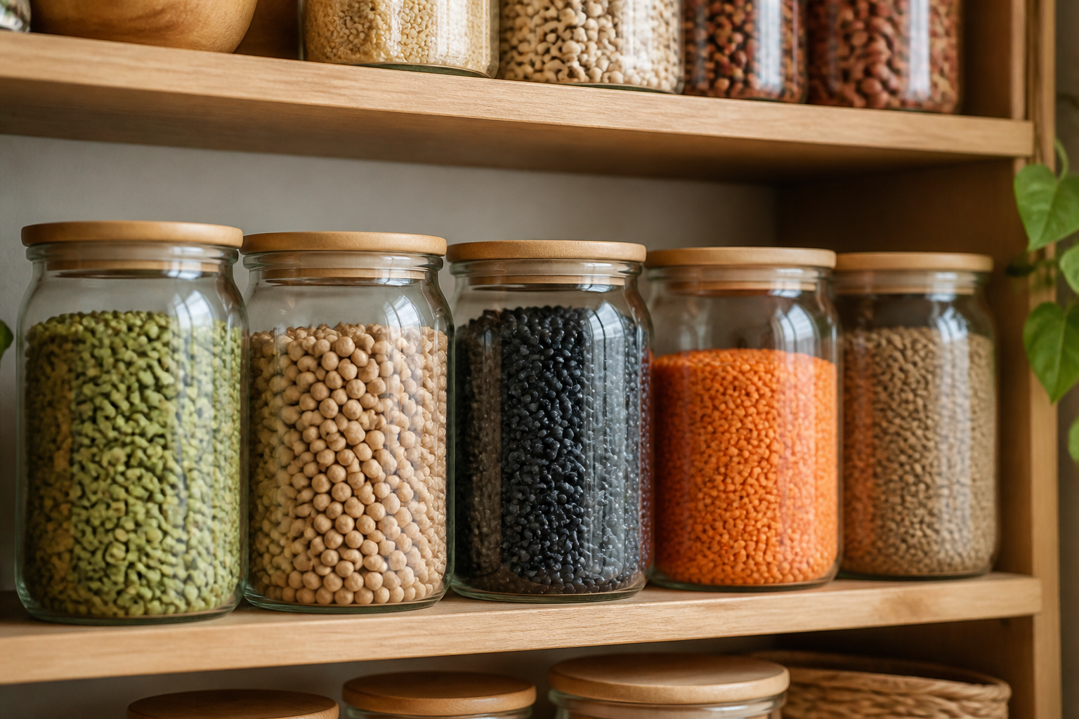 An organized pantry shelf showing glass jars filled with various lentils, black beans, and chickpeas, clean aesthetic, studio lighting.