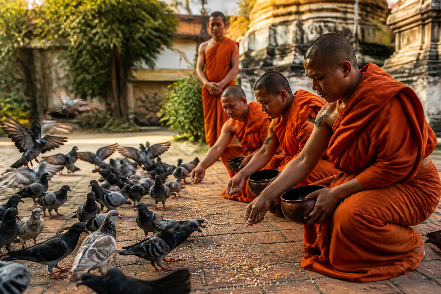 A group of Buddhist monks in saffron robes peacefully scattering seeds for wild birds in a temple courtyard, golden hour.