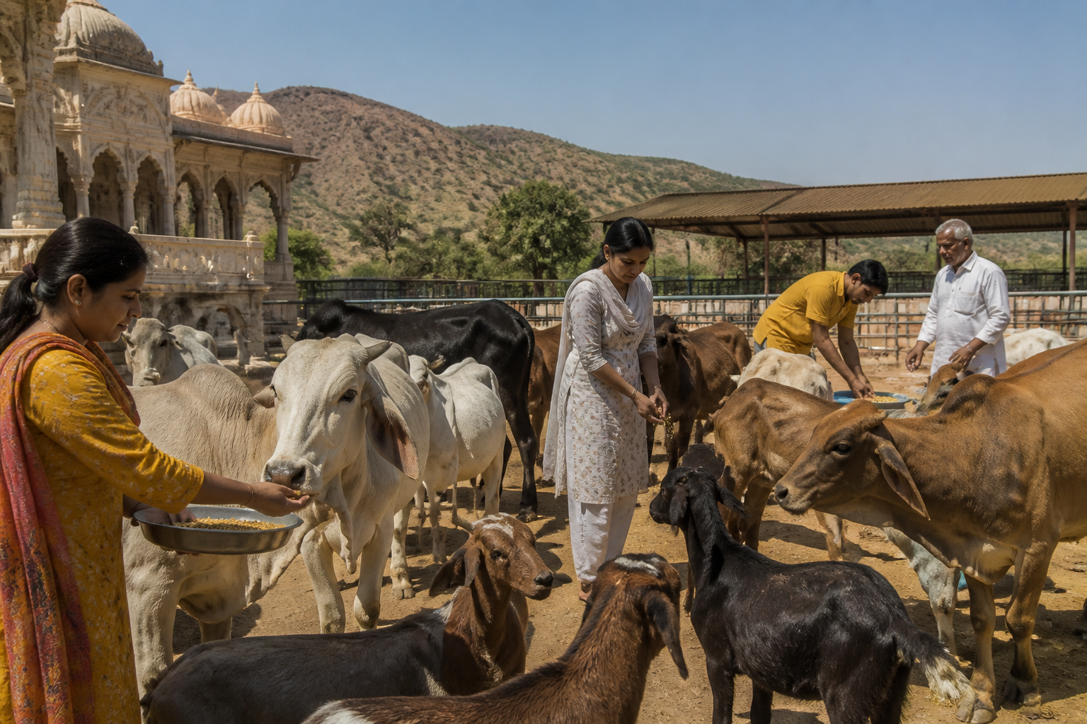 A clean, sunlit animal sanctuary in India with cows and goats being tended to by volunteers, architectural Jain motifs.