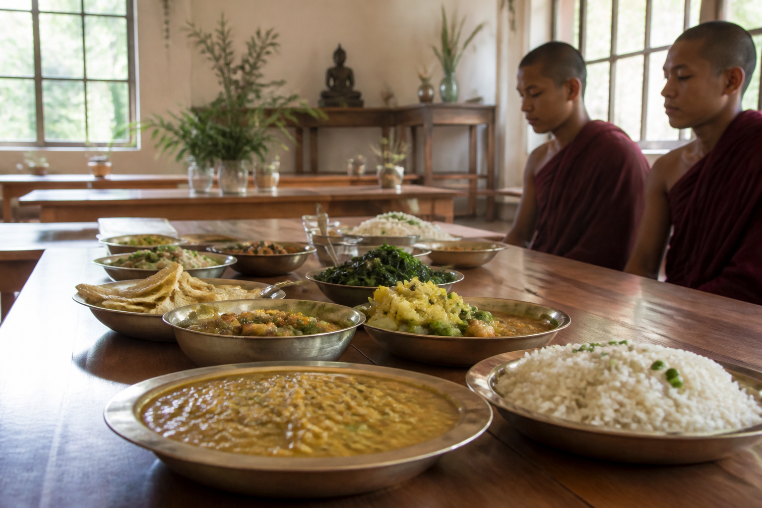 An array of colorful vegetarian dishes like lentils and rice served on traditional plates in a bright Zen monastery.
