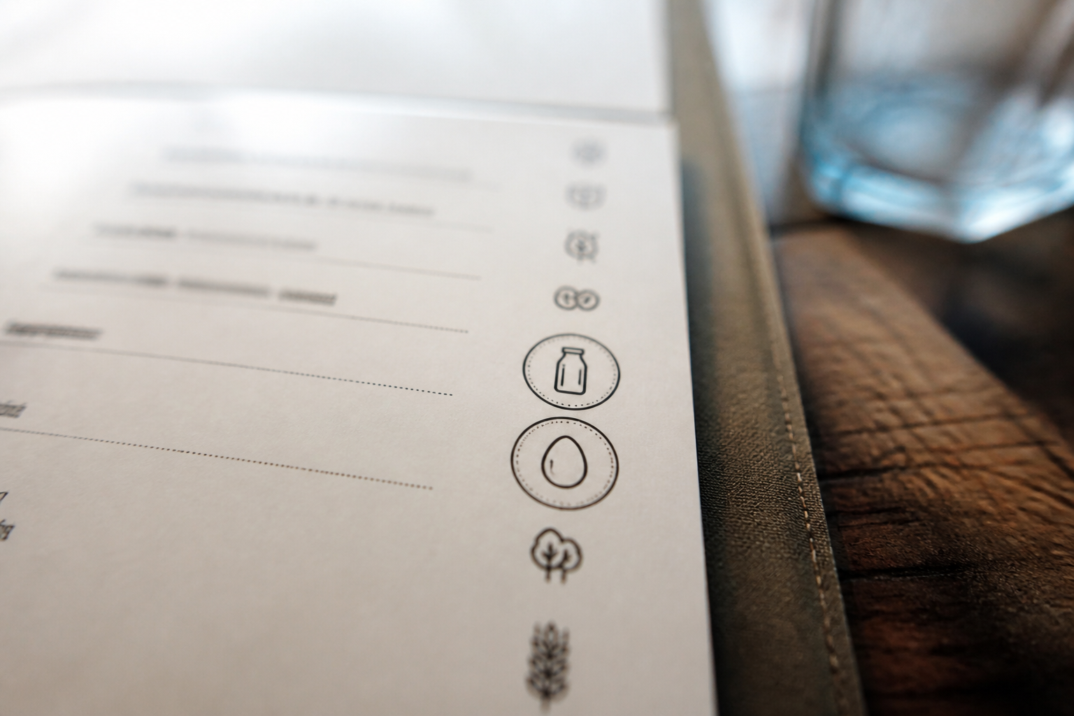 Close-up of a modern restaurant menu showing clear allergen icons for milk and eggs, shallow depth of field, natural lighting.