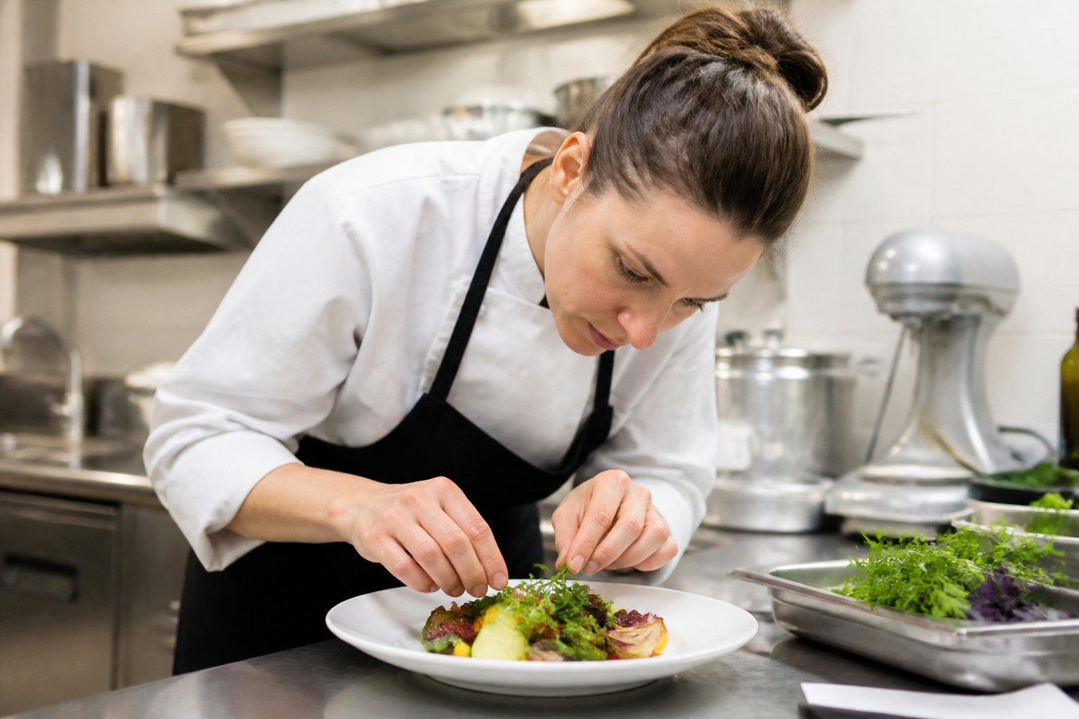 A professional chef in a clean kitchen carefully arranging fresh seasonal vegetables on a white plate, focused action shot, bright lighting.