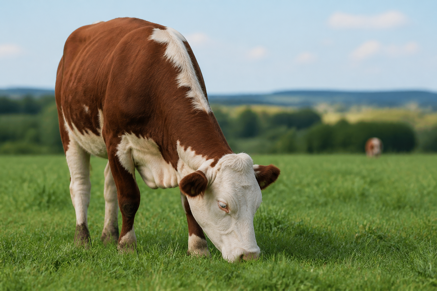 A clean, professional photograph of a cow in a green field, focusing on natural behavior, with soft bokeh background and clear daylight.