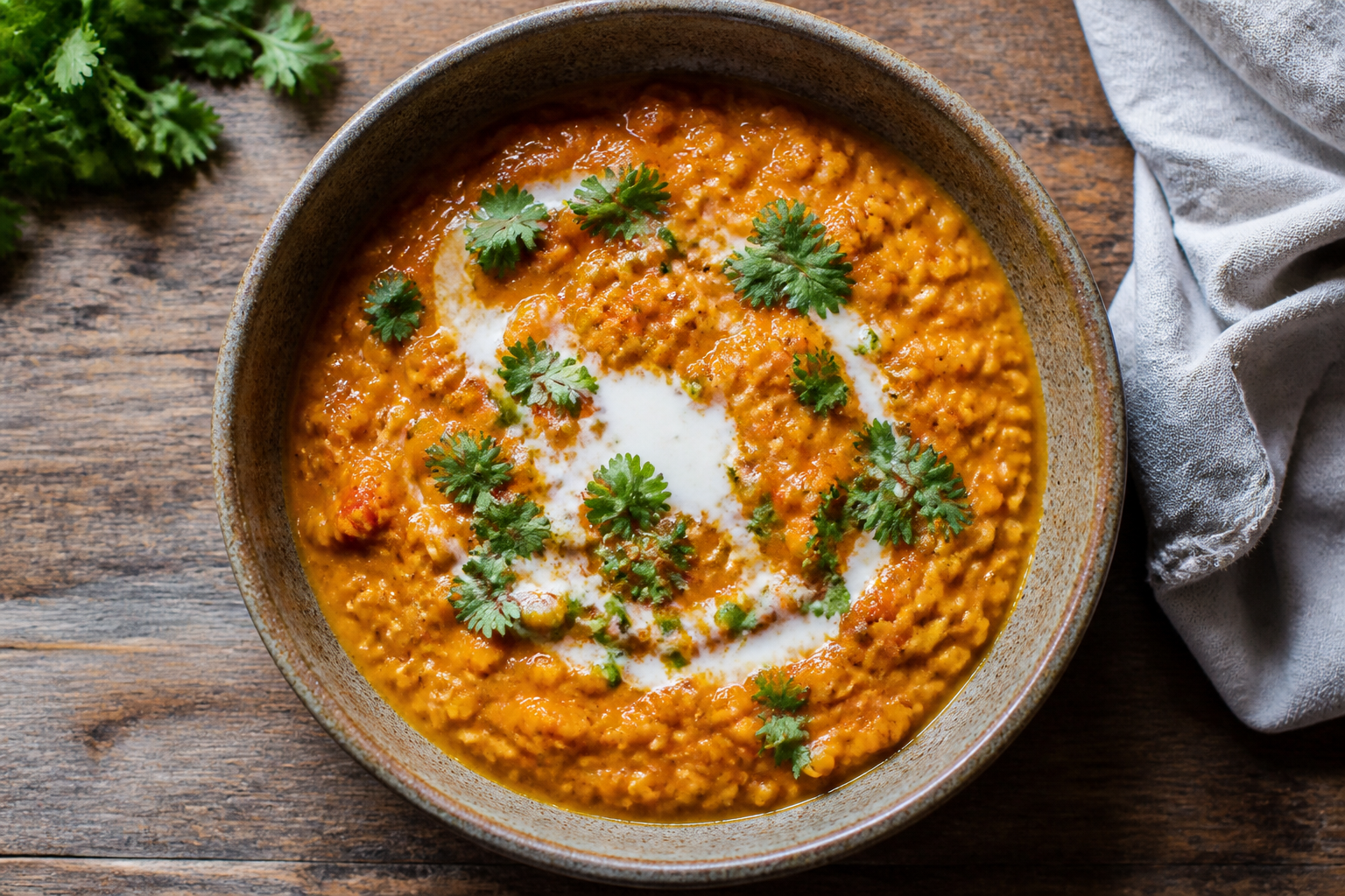 A steaming bowl of red lentil dhal garnished with cilantro and a drizzle of coconut milk, rustic ceramic bowl, overhead shot.