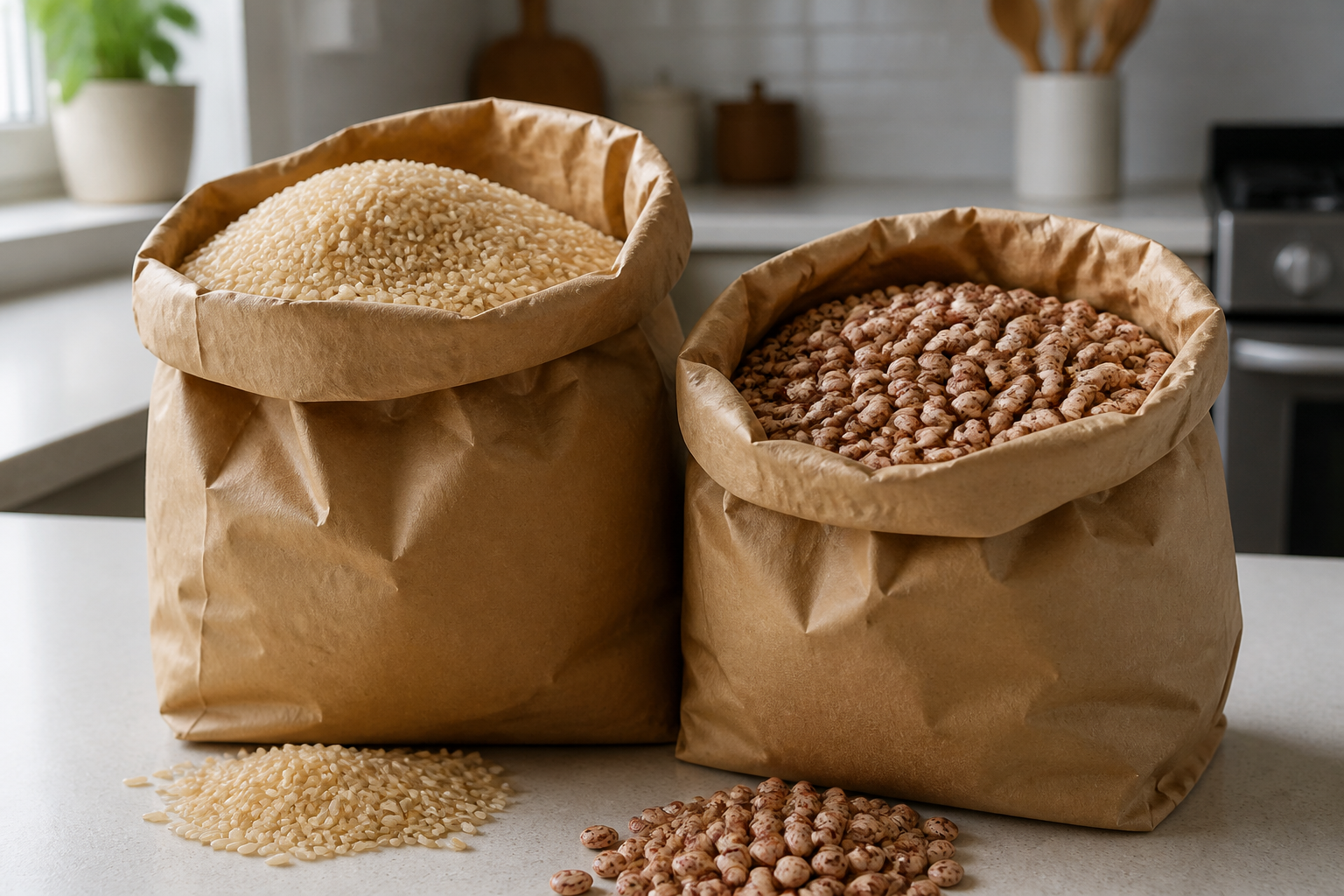 Bulk paper bags of brown rice and dried pinto beans sitting on a clean kitchen counter, soft natural lighting, minimalist aesthetic.