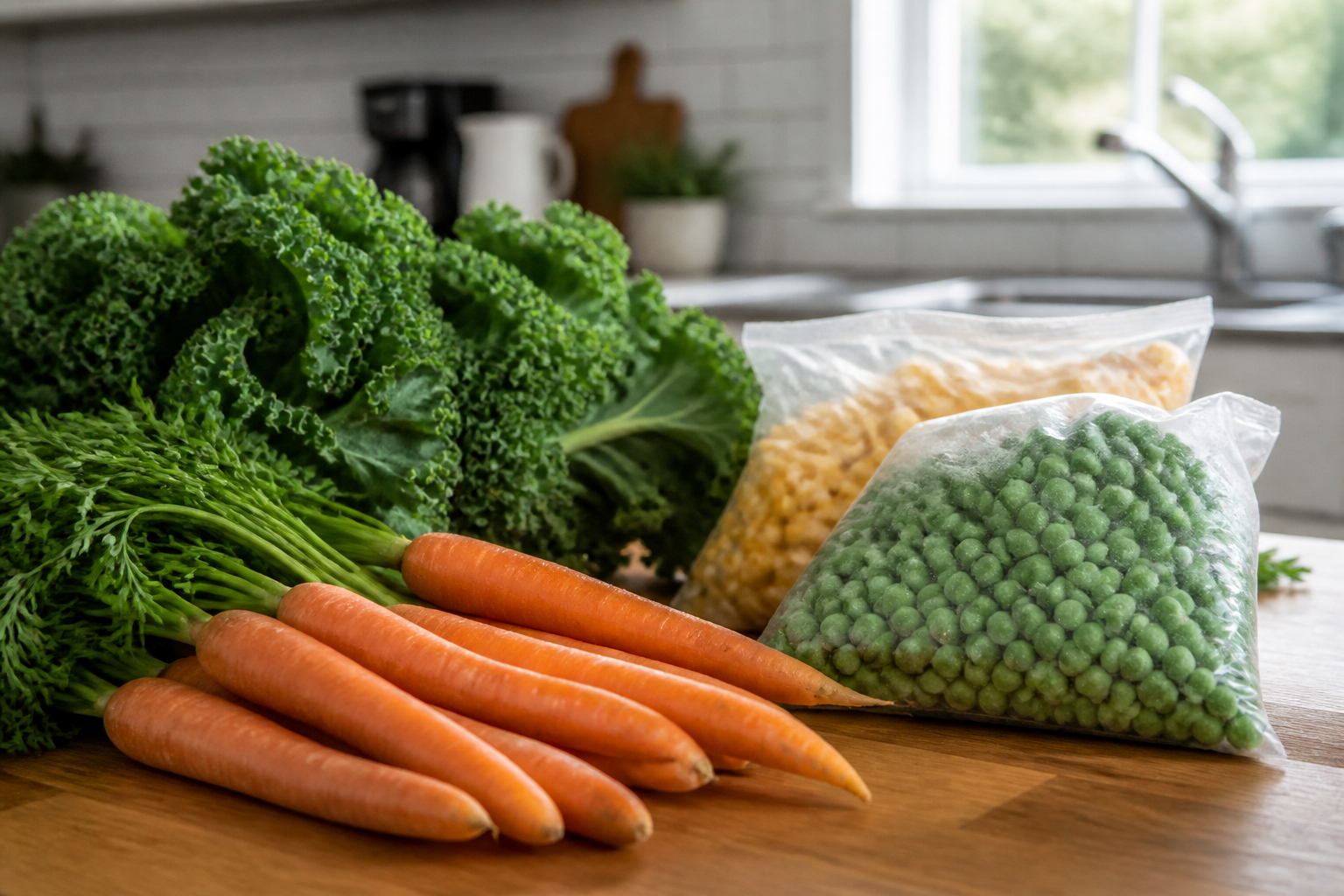 A colorful arrangement of fresh carrots and kale alongside bags of frozen peas and corn, bright kitchen setting, high resolution.
