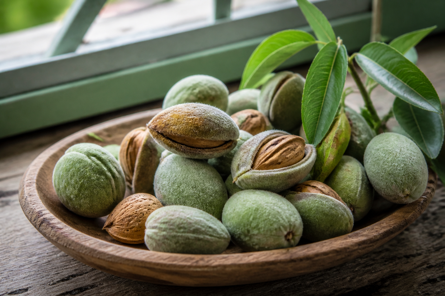 A rustic wooden bowl filled with fresh almonds in their fuzzy green husks and some cracked open, soft natural window light.