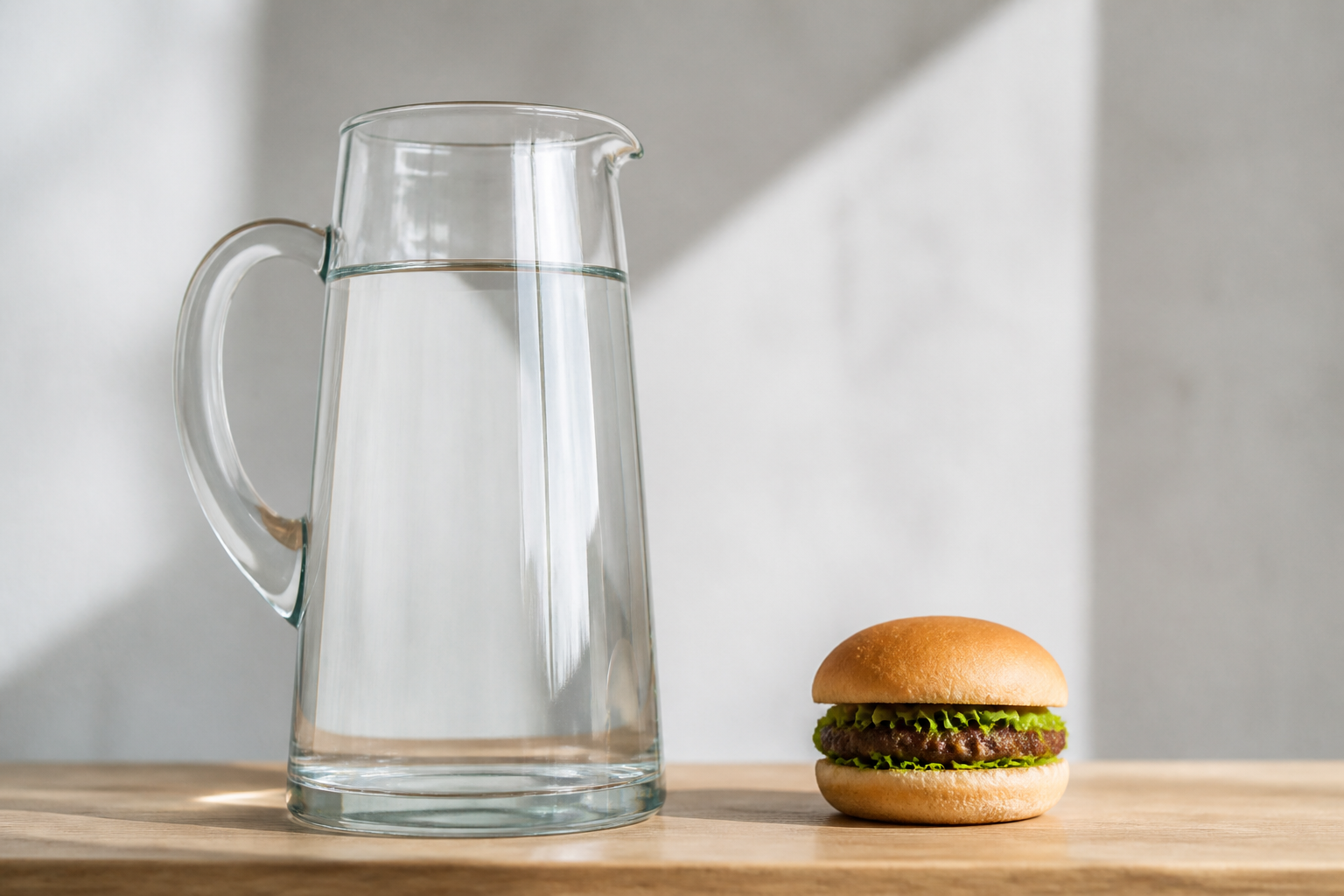 A clean, modern conceptual photo showing a large glass jug of water next to a small burger, illustrating water volume ratio.