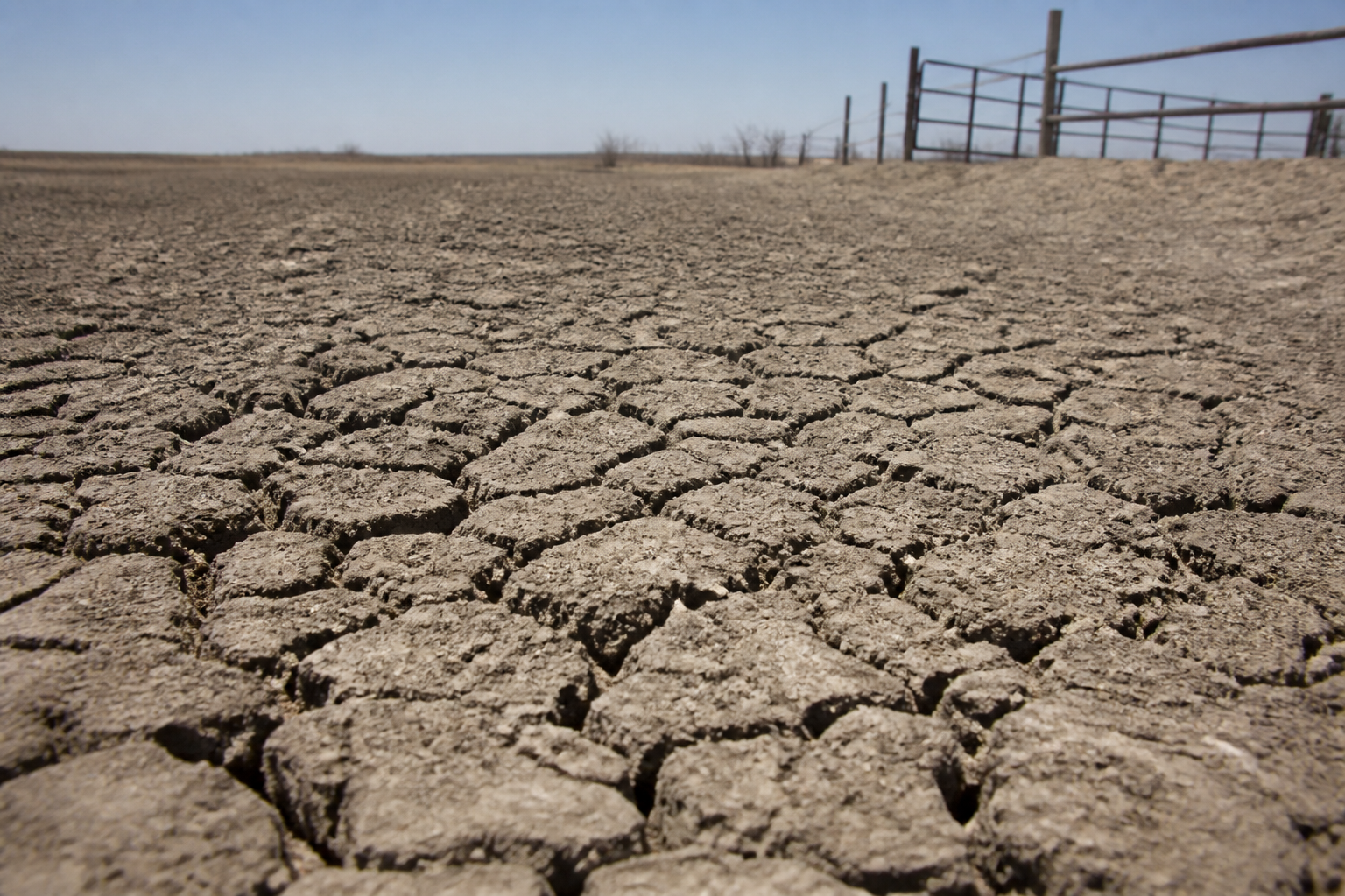 A close-up of parched, cracked soil in a dusty farm field during a drought in the Texas Panhandle.
