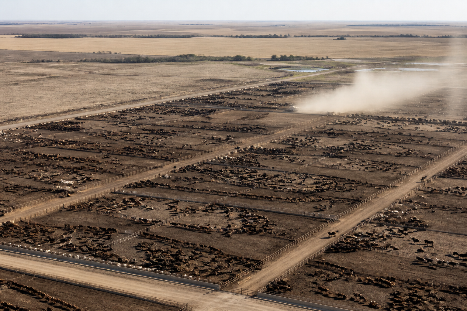 An aerial view of a sprawling industrial cattle feedlot with thousands of cows and dust clouds in the High Plains.