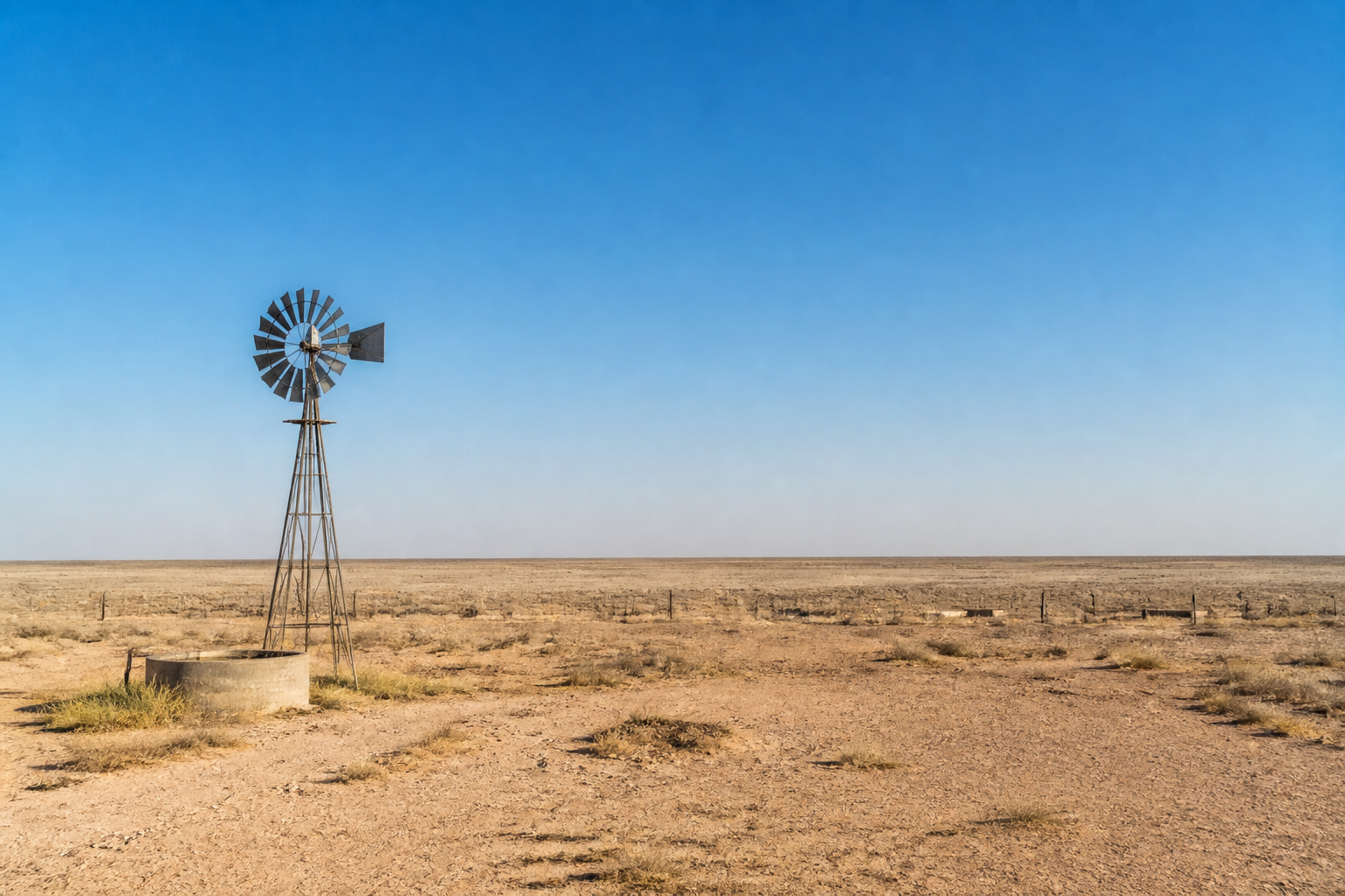 Vast, arid landscape of the Texas High Plains with sparse vegetation and a lonely windmill under a clear, hot sky.