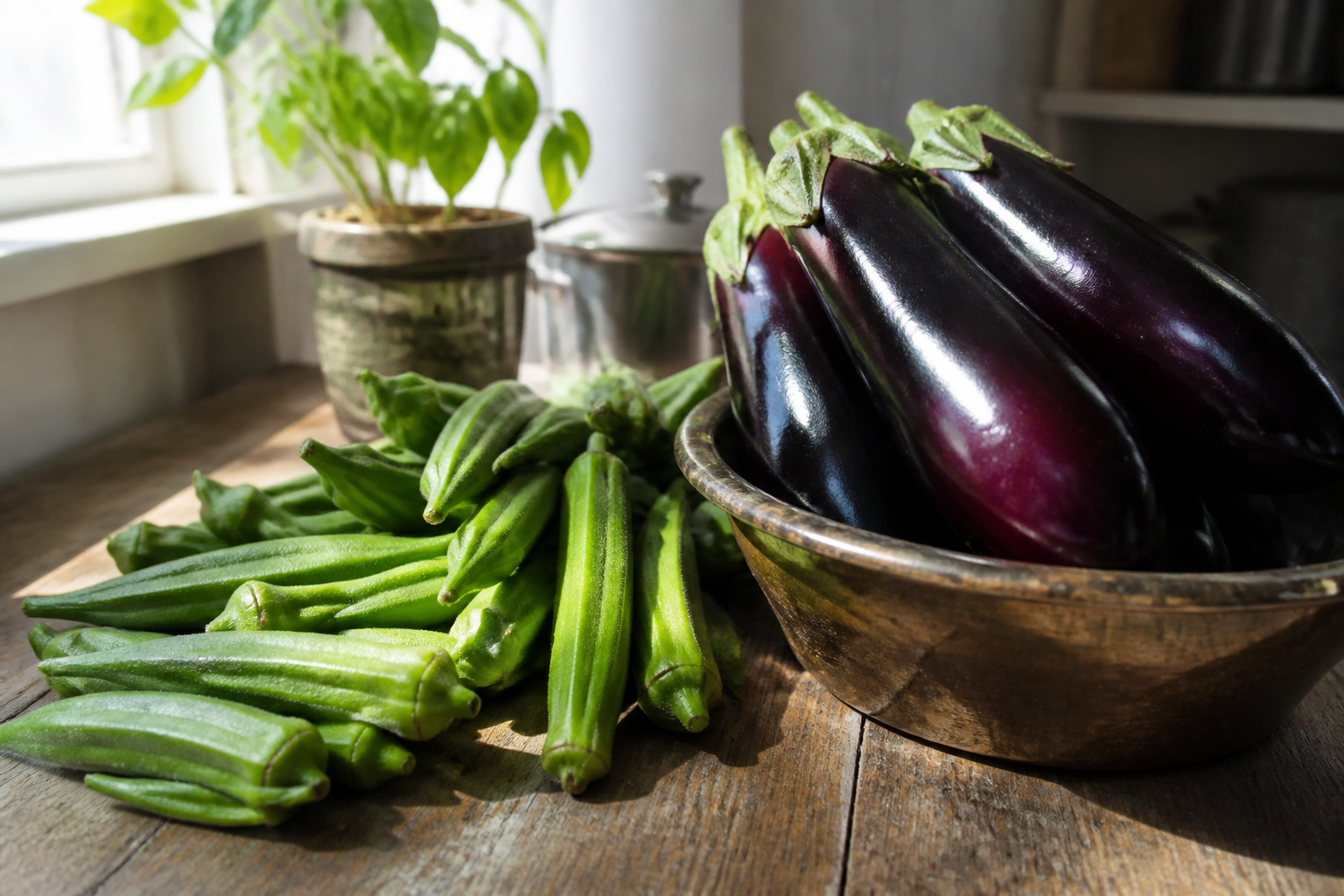 A rustic wooden table displaying vibrant green okra pods and dark purple eggplants, natural sunlight, high detail textures, kitchen setting.