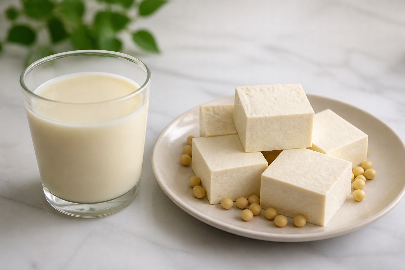 A glass of creamy soy milk next to neatly cut blocks of white tofu on a ceramic plate, minimalist aesthetic, clean bright lighting.