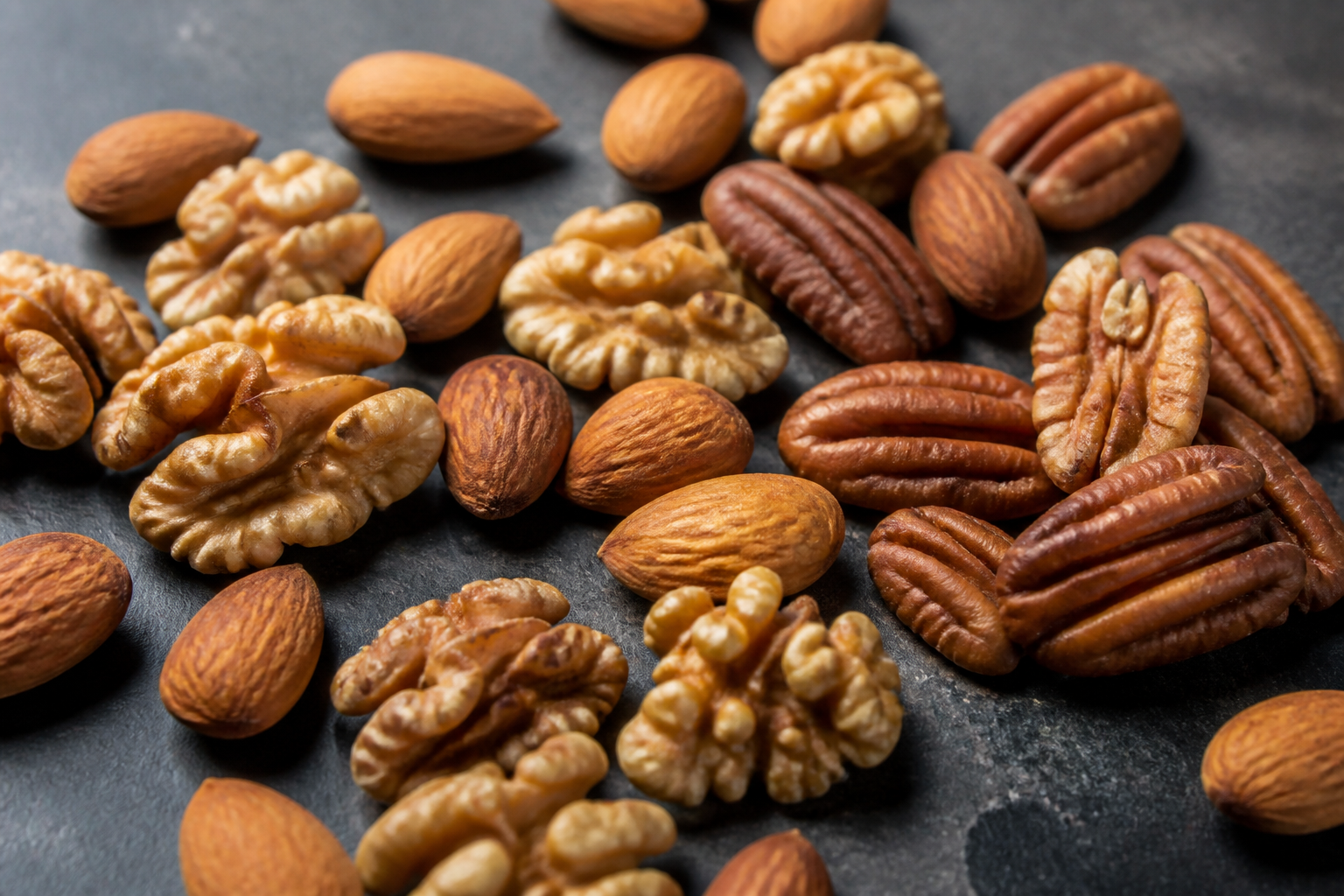 A variety of raw unsalted nuts including walnuts, almonds, and pecans scattered on a dark slate surface, macro photography, warm earthy tones.