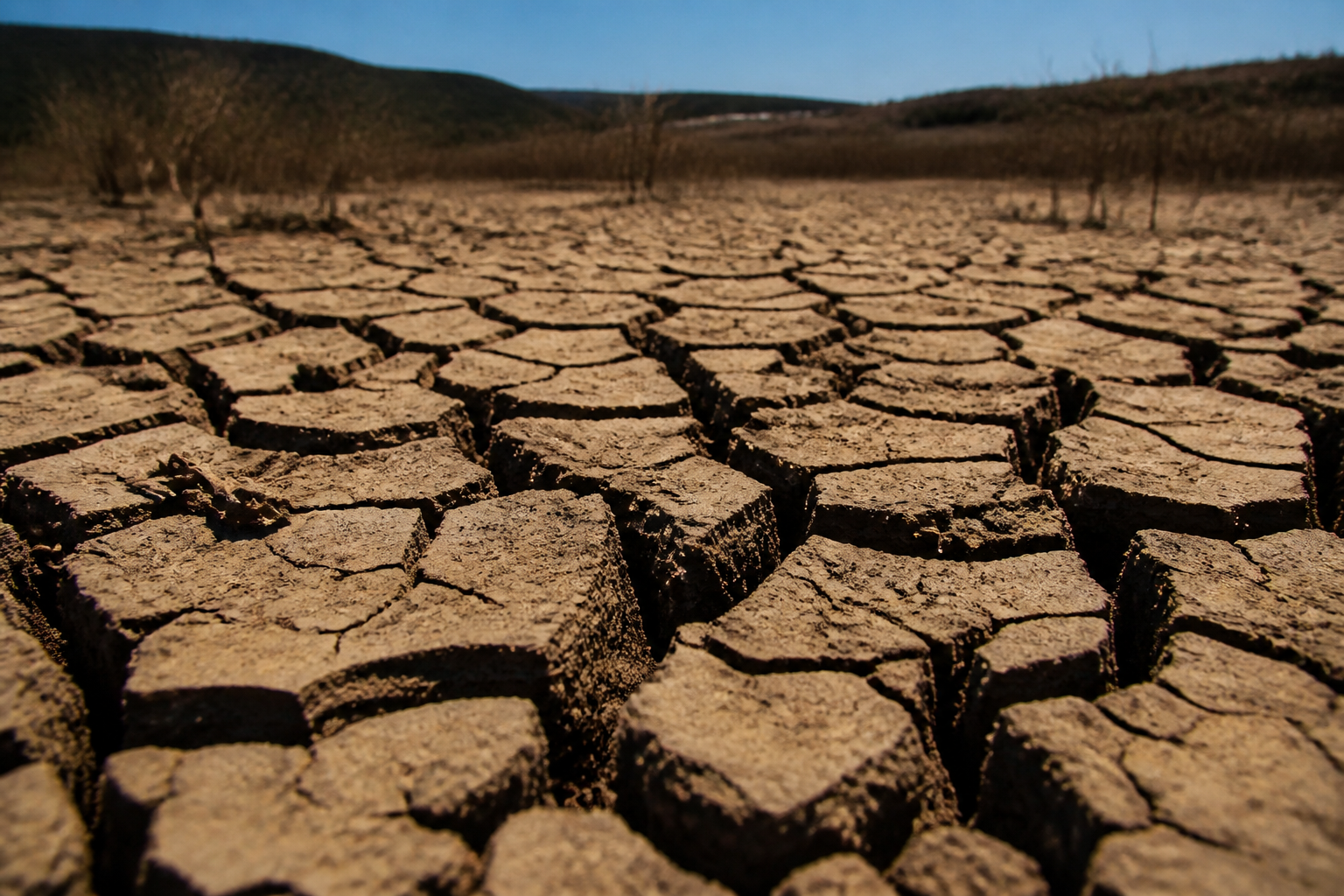 Close-up of parched, cracked earth in a drought-stricken field, dramatic shadows, representing environmental impact.