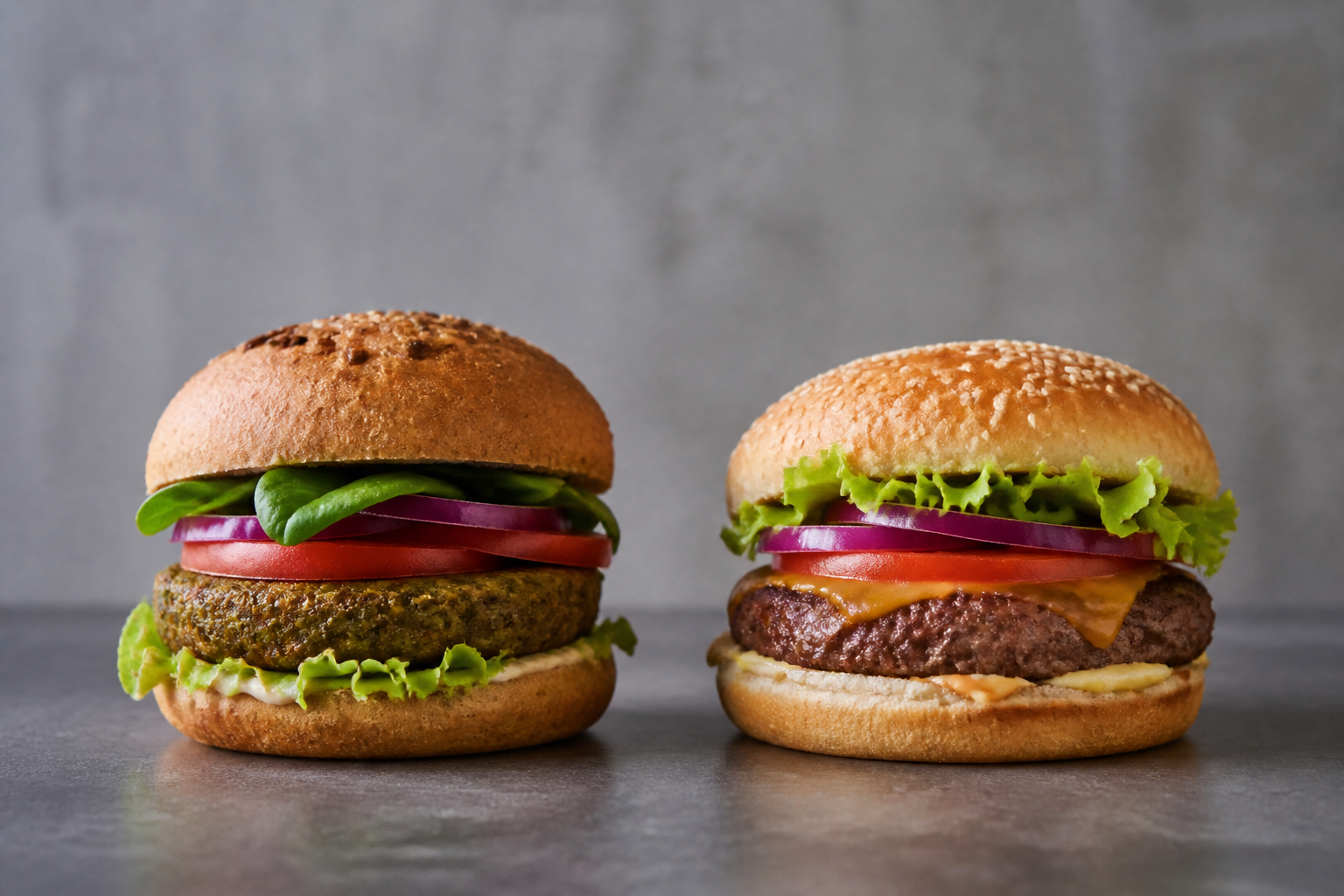 A high-quality studio photograph of a gourmet plant-based burger next to a traditional beef burger, neutral background, professional lighting.
