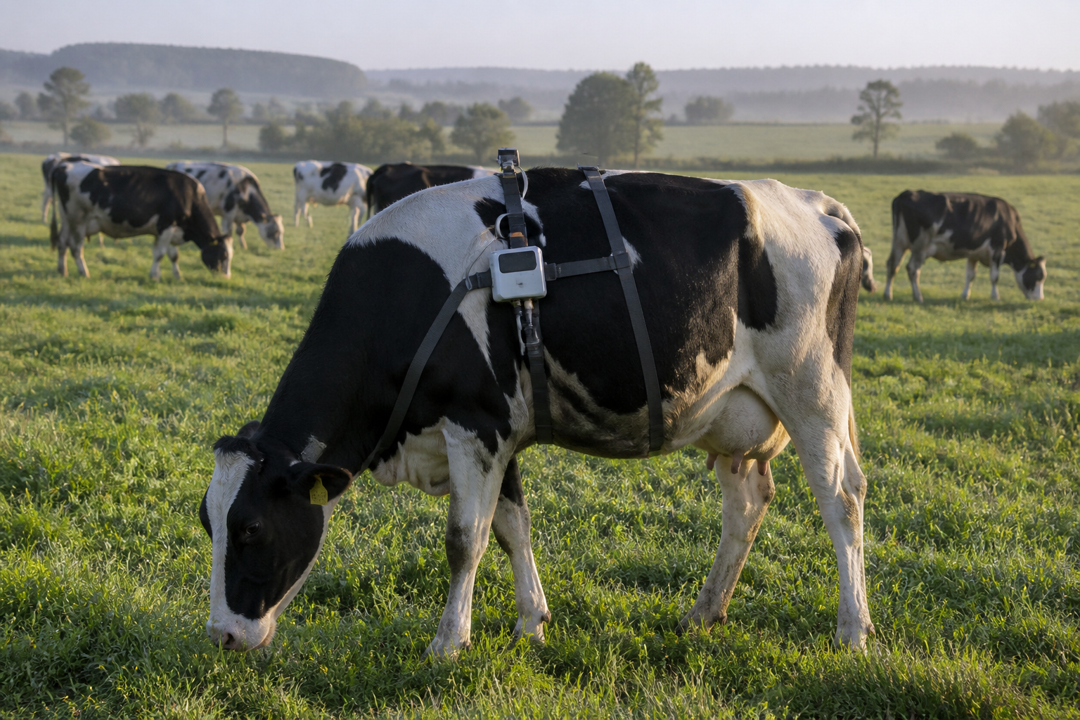 A group of Holstein cattle grazing in a lush field, one cow wearing a specialized methane-measuring harness, soft morning sunlight.
