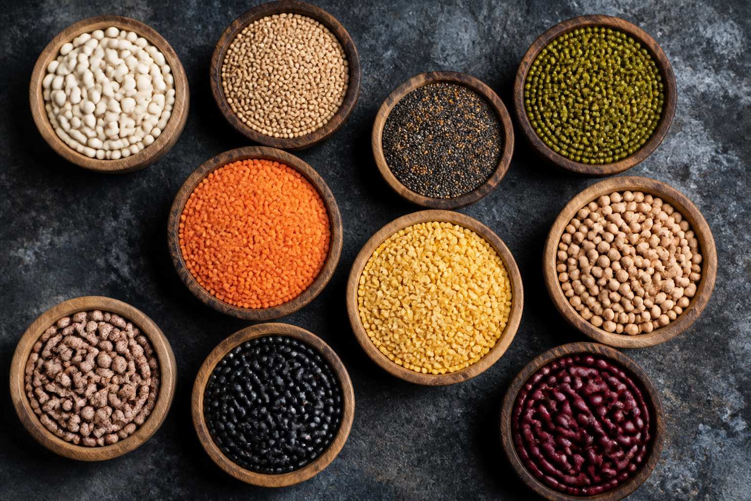 A top-down studio shot of various colorful lentils, beans, and grains arranged neatly in rustic wooden bowls on a textured stone surface.
