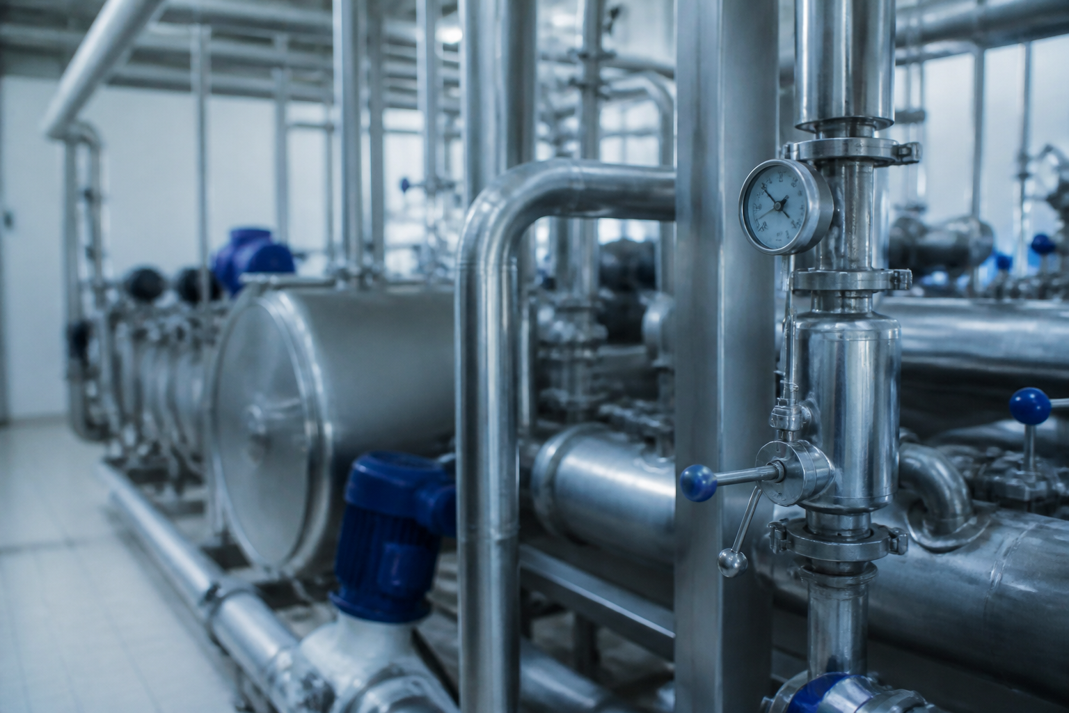 Macro shot of stainless steel industrial pipes and gauges inside a modern dairy processing facility, cold blue lighting.