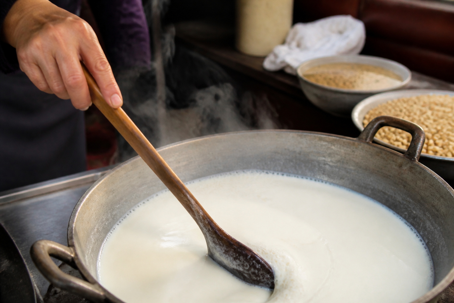 Close-up of a wooden spoon stirring a pot of fresh soy milk in a traditional kitchen setting, steam rising.