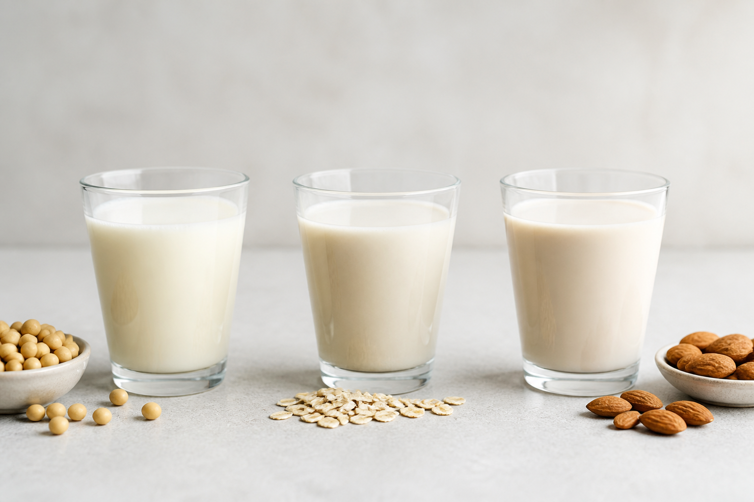 Multiple glasses of different plant milks like soy, oat, and almond arranged in a row, minimalist bright background, soft shadows.