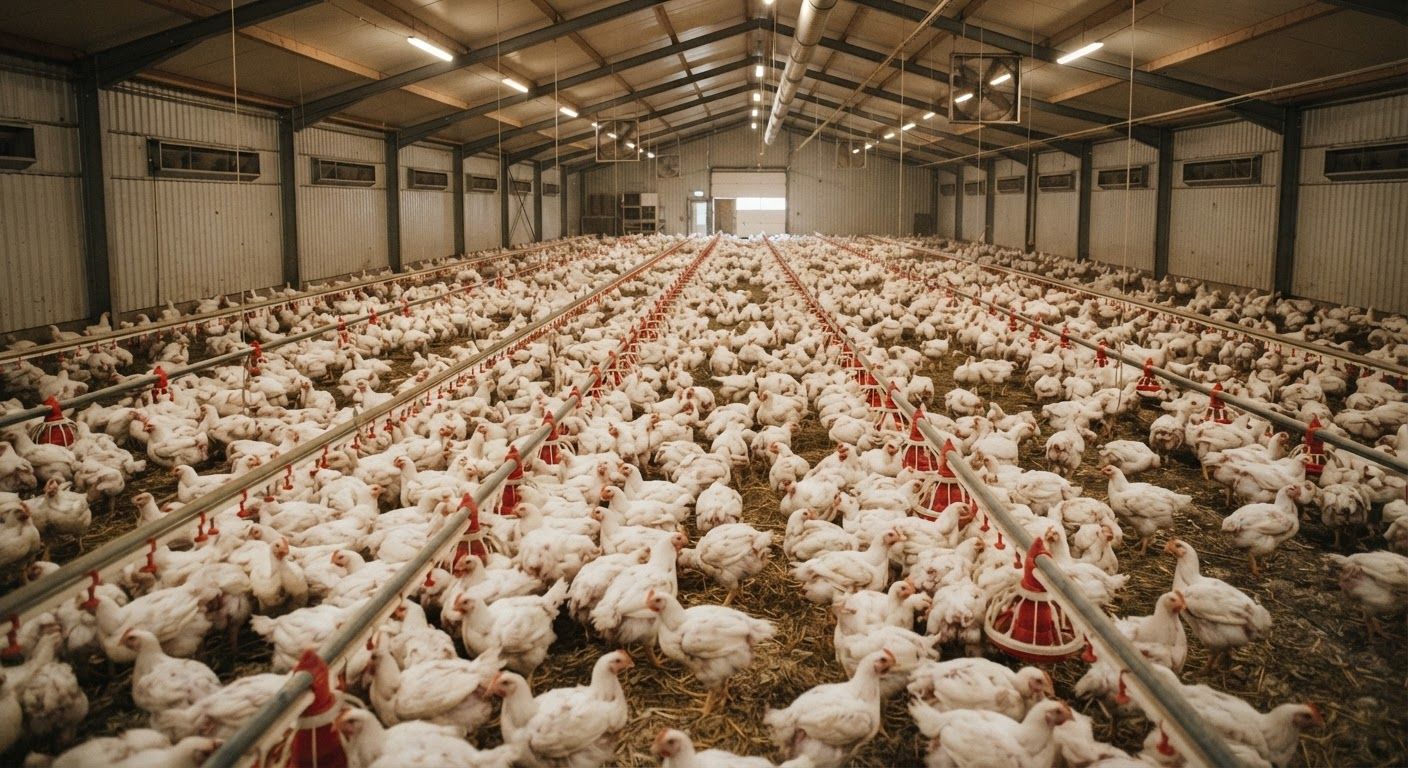 High-angle view of thousands of white broiler chickens densely packed inside a modern windowless industrial poultry shed with feeding lines.