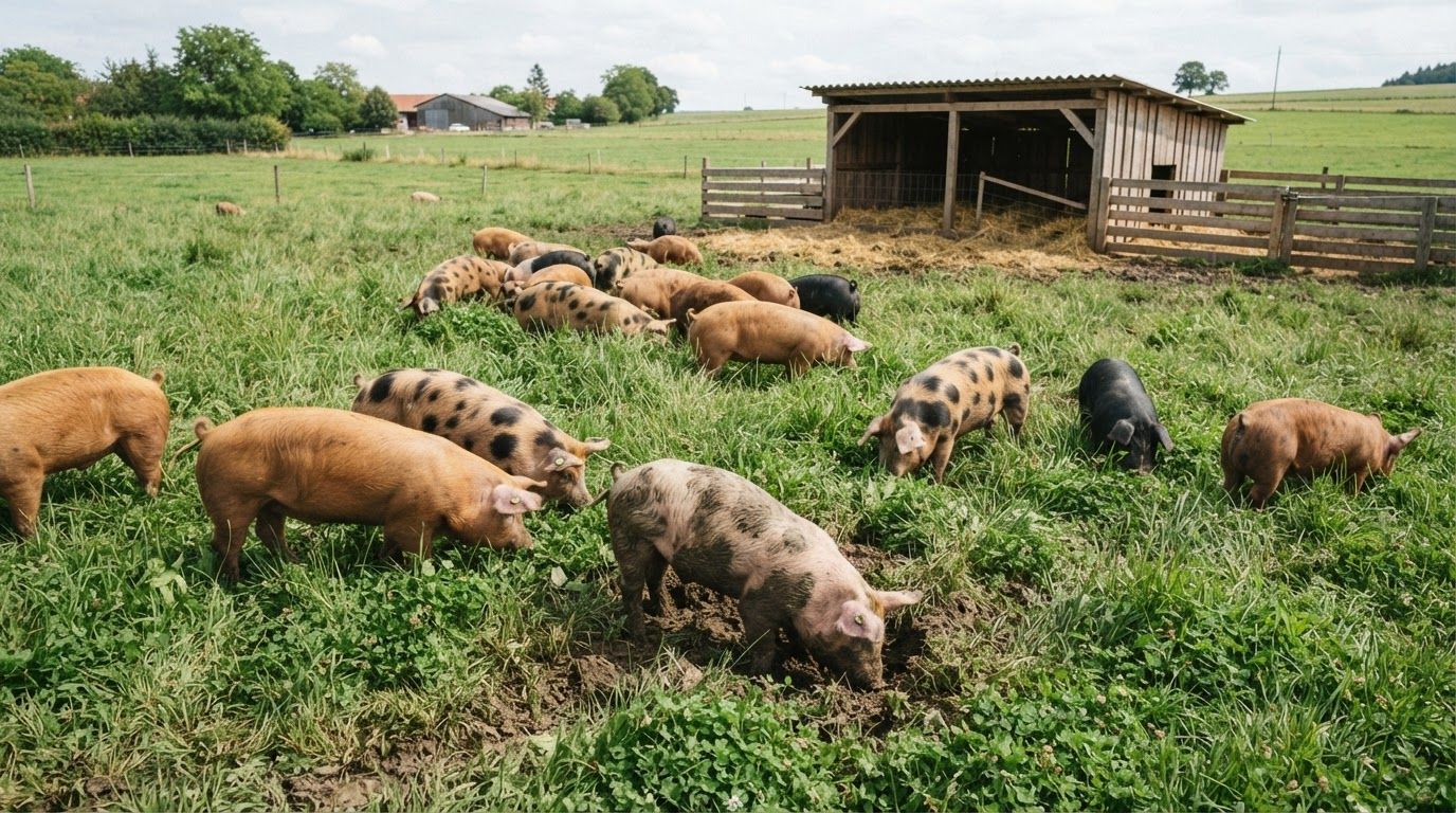 Free-range pigs foraging in green grass under open sky on an organic farm with natural daylight and wooden shelters.