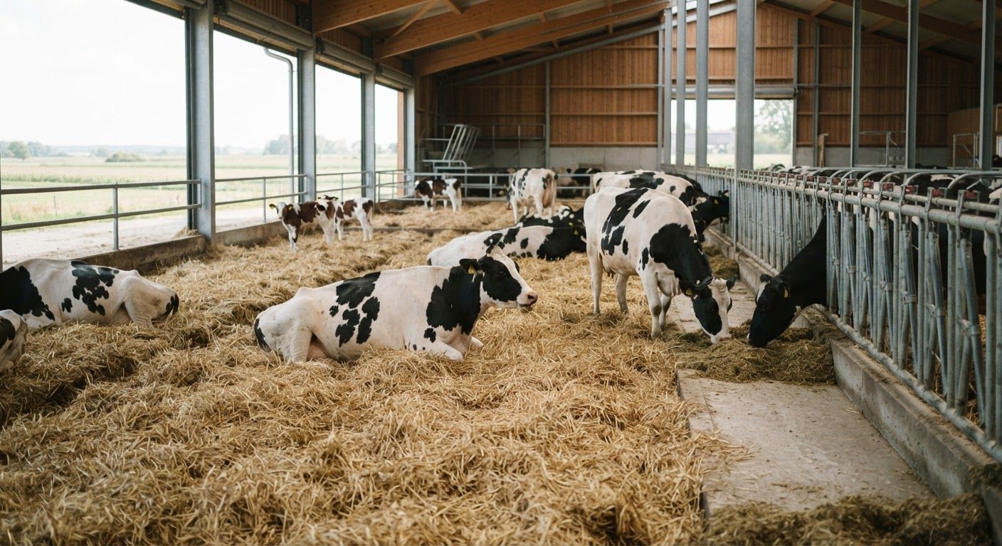 Dairy cows in a modern, well-ventilated open-curtain barn with deep straw bedding and soft natural daylight coming from the side.