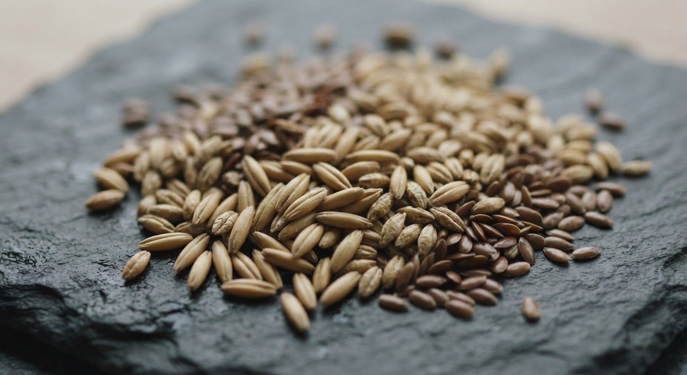 A macro photograph of raw intact whole oat groats, barley, and flaxseeds displayed on a dark slate surface with soft side lighting.